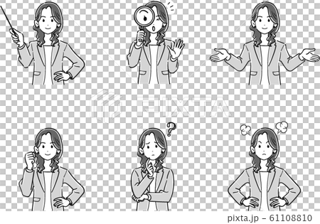 ジャケットを羽織ったビジネスウーマンの上半身 6種類のポーズのセットのイラスト素材