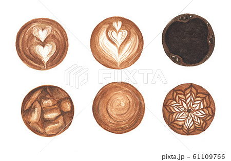 Top view of hot coffee cappuccino latte art foam. Watercolor illustration. 61109766
