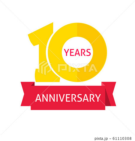 10 years anniversary logo with red ribbon vector icon, flat 10th year birthday party sign or label isolated on white image 61110308