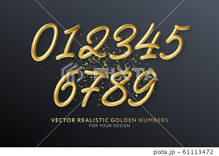 Realistic 3d lettering numbers isolated on black background. Golden numbers set. Decoration elements for banner, cover, birthday or anniversary party invitation design. Vector illustration 61113472