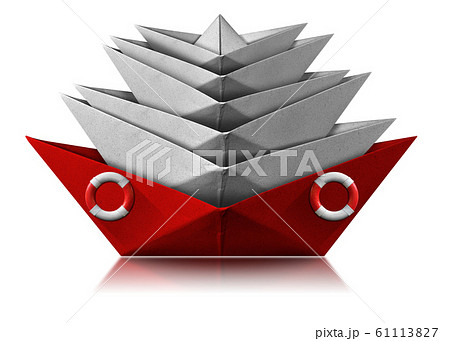 Red paper rescue boat with ring buoy saves many ships damaged 61113827