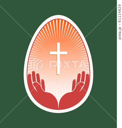 Silhouette of an egg of a beige hue with a cross and hands, design element 61114829