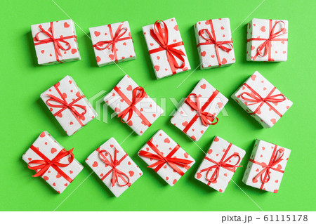 Top view of white gift boxes with hearts on Top view of white gift boxes with hearts on 61115178