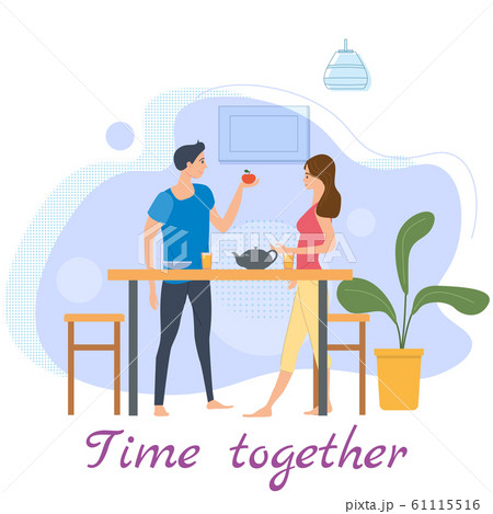 Cute loving couple at table, drinking tea or coffee and eating together at home. Daily life of cute happy couple. Male female characters. Vector illustration flat cartoon 61115516