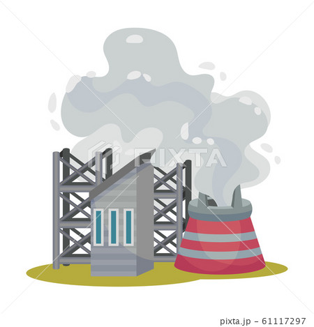 Plants Smoke Polluting Environment Vector Illustration. Industrial Smog and Factory Smoke Clouds 61117297