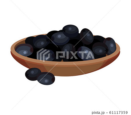 Pickled Black Olives a Wooden Bowl, Healthy Vegetarian Product, Culinary Ingredient Vector Illustration 61117359