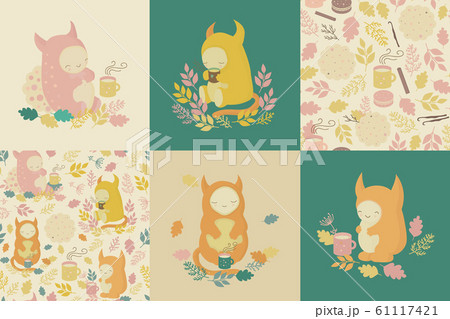 Set of kids cartoon illustrations and patterns 61117421
