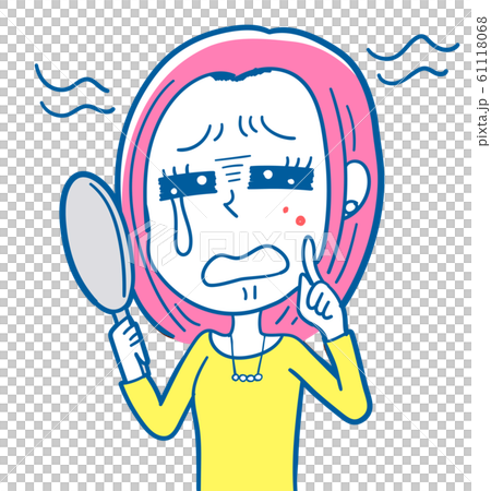 圖庫插圖：一個年輕的女人拿著鏡子，患有粉刺 61118068