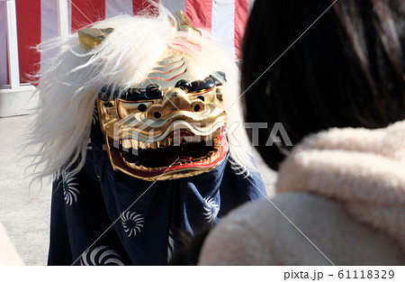 顔を見つめる獅子舞いの写真素材