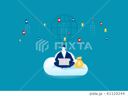 businessman sitting on cloud with laptop and working, diagrams vector illustration 61120244