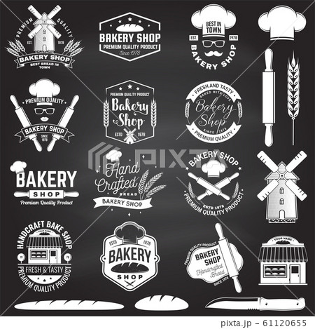 Set of Bakery shop badge on the chalkboard. Concept for badge, shirt, label, stamp. Design with windmill, rolling pin, dough, wheat ears silhouette. For restaurant identity, packaging menu 61120655
