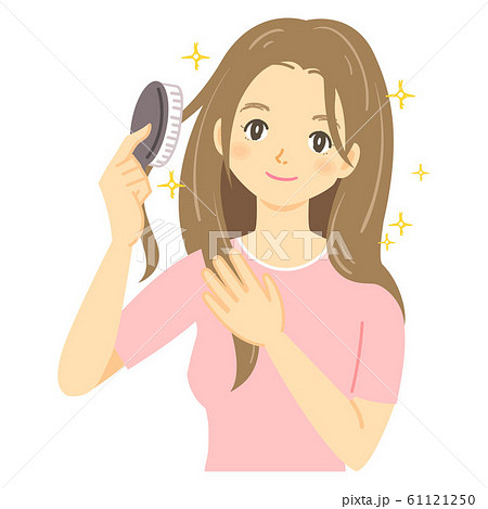 髪をとかす女性 茶髪 のイラスト素材