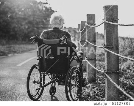 Picture of lonely old woman sitting on the wheelchair while looking at sunlight. Picture of lonely old woman sitting on the wheelchair while looking at sunlight. 61127305