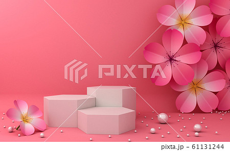 Display background for Cosmetic product presentation. Empty showcase,  3d rendering illustration, Sakura flower. 61131244