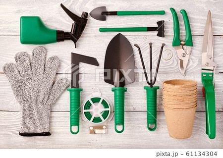 Gardening tools on wooden background flat lay 61134304