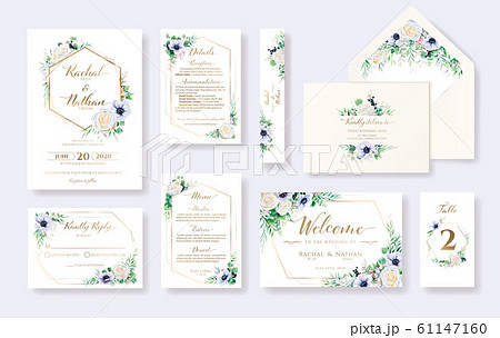 Wedding Invitation Card Set 白バラとアネモネ花 結婚式招待状 のイラスト素材