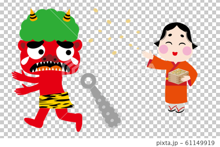 泣いて逃げ出す赤鬼と豆まきをする福の神（お多福）のイラスト｜節分