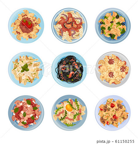 Different Pasta Served on Plate Top View Vector Set Different Pasta Served on Plate Top View Vector Set 61150255