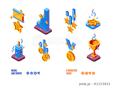 Medal and trophy competition isometric icons set Medal and trophy competition isometric icons set 61153833