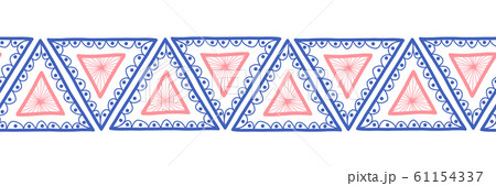 Triangles seamless vector border. Boho style pattern hand drawn tribal ethnic motifs pink blue 61154337
