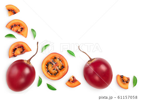 Fresh tamarillo fruit with leaves isolated on white background with copy space for your text. Top view. Flat lay 61157058