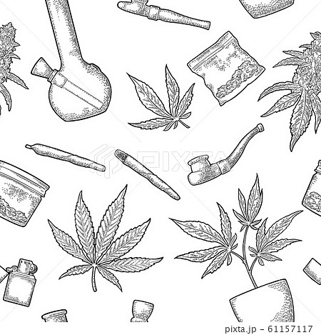 Seamless Pattern With Marijuana Leaf Vintageのイラスト素材