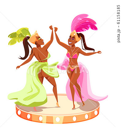 Popular brazil carnival event advertising poster element. Cartoon women in festive clothes dancing. Stage in shape of drums. Vector illustration. 61158185