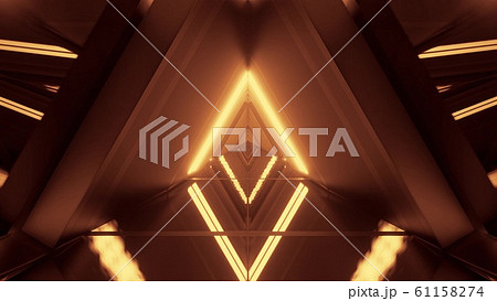 glowing triangle space ship temple tunnel corridor in futuristic sci-fi style with reflective glass bottom 3d illustration background wallpaper 61158274