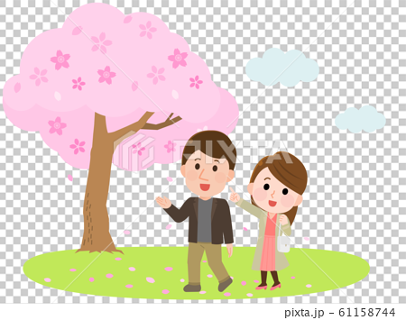 花見 桜 デートするカップル イラストのイラスト素材