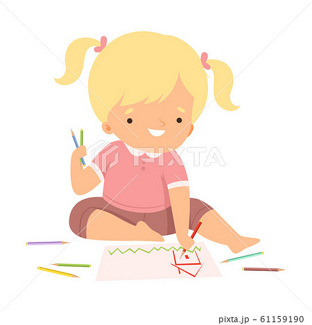 Cute Blonde Girl Sitting on the Floor and Drawing Picture with Colorful Pencils, Adorable Young Artist Cartoon Character, Kids Creative Hobby Vector Illustration 61159190