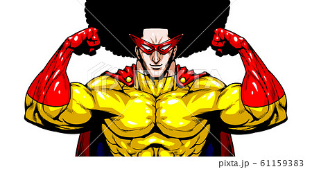 ヒーロー,英雄,超人,スーパーマン,劇画,漫画,筋肉,ボディビル,マッチョ,ポーズ,正面,白背景, 61159383