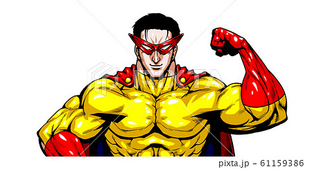 ヒーロー 英雄 超人 スーパーマン 劇画 漫画 筋肉 ボディビル マッチョ ポーズ 正面 白背景 のイラスト素材