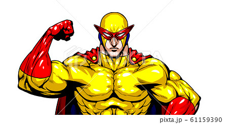 ヒーロー 英雄 超人 スーパーマン 劇画 漫画 筋肉 ボディビル マッチョ ポーズ 正面 白背景 のイラスト素材
