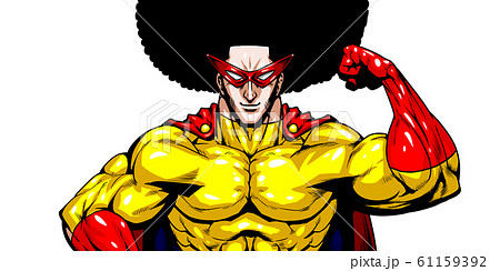 ヒーロー 英雄 超人 スーパーマン 劇画 漫画 筋肉 ボディビル マッチョ ポーズ 正面 白背景 のイラスト素材