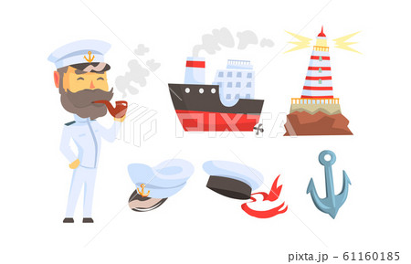Mariner Attributes with Seaman Character Standing and Smoking Pipe Vector Set 61160185