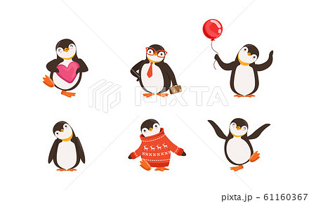 Cute Penguin Cartoon Characters Vector Set. Arctic Creature Wearing Sweater Cute Penguin Cartoon Characters Vector Set. Arctic Creature Wearing Sweater 61160367