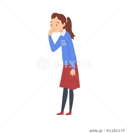 Smiling Girl Character Wearing Skirt and Blue Sweater Vector Illustration on White Background. 61162174
