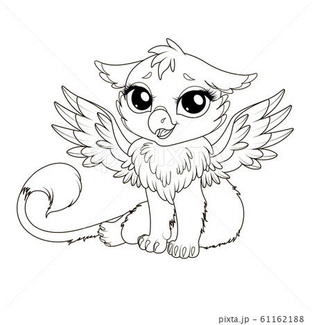 Coloring page for kids with funny cartoon griffin. Cute hand drawn fantasy griffin drawing contour for coloring. Entertainment for children. Children's arts game. Vector illustration. 61162188