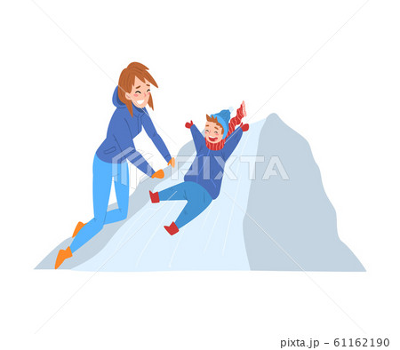 Cute Boy Riding on Ice Hill, Winter Outdoor Activities, Smiling Mom Standing Next to Him Vector Illustration 61162190