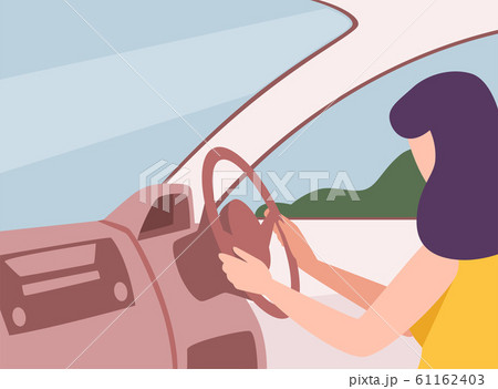 Brunette Woman Driving a Car, View from the Inside, Female Driver Character Holding Hands on a Steering Wheel Vector Illustration Brunette Woman Driving a Car, View from the Inside, Female Driver Character Holding Hands on a Steering Wheel Vector Illustration 61162403