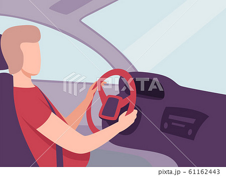 Young Man Driving a Car, Side View, Male Driver Character Holding Hands on a Steering Wheel Vector Illustration 61162443