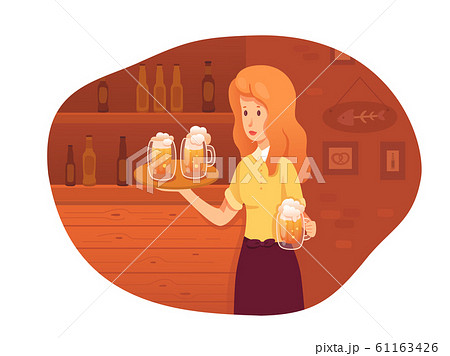 Waitress carrying beer mugs in pub vector illustration Waitress carrying beer mugs in pub vector illustration 61163426