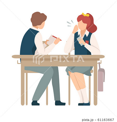 Naughty Boy Sitting At School Desk and Talking with His Neighbour Vector Illustration 61163667