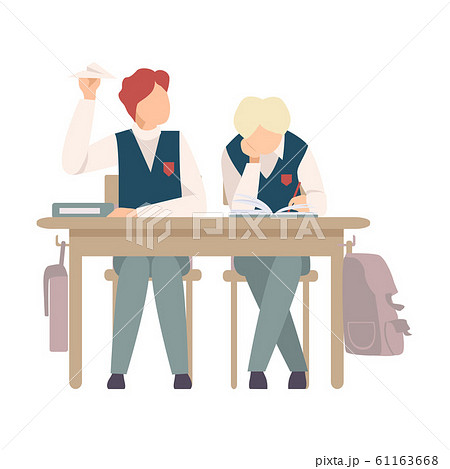 Naughty Boy Sitting At School Desk and Throwing Paper Plane Vector Illustration 61163668