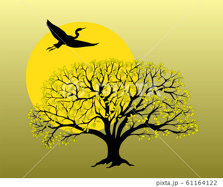 Black silhouette apple tree with flying heron and 61164122