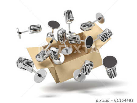 3d rendering of cardboard box suspended in air full of microphones which are flying out. 61164493