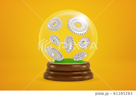 3d rendering of seven grey metal cogwheels floating inside snow globe on amber background. 61165263