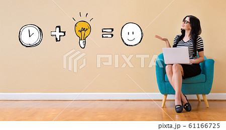 Time plus idea equals happy with woman using a laptop Time plus idea equals happy with woman using a laptop 61166725