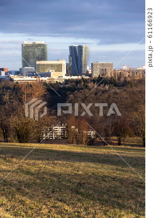 Panoramic view of the Pankrac district with Prague tallest buildings seen from Devin in Prague, Czech Republic 61166923