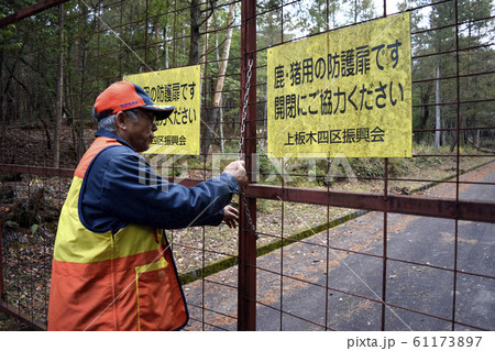 鹿・猪用の防護扉を開ける男性（狩猟免許取得者） 61173897